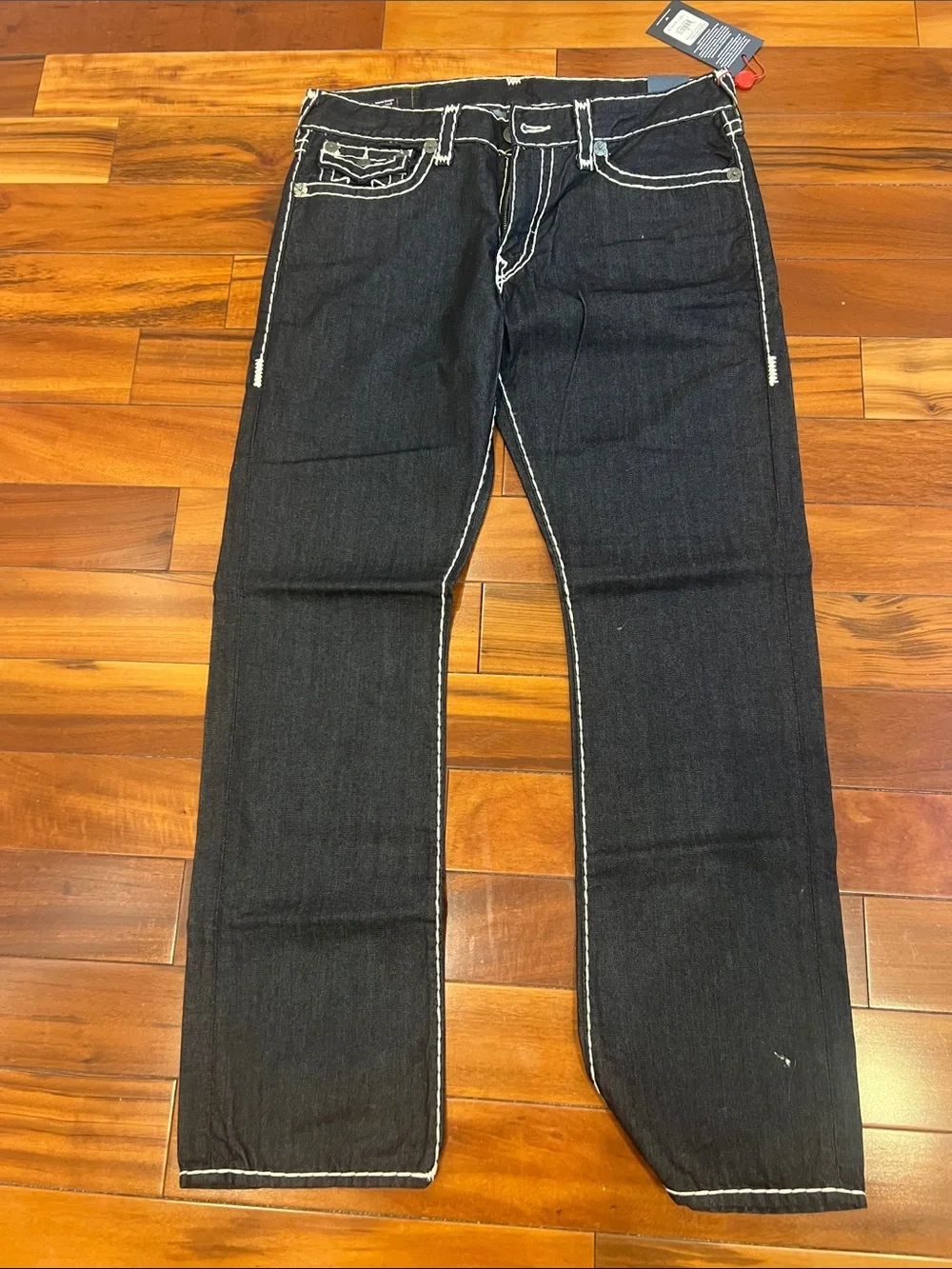True Religion Rickey Straight  Blue Denim Jeans with White Contrast Stitching